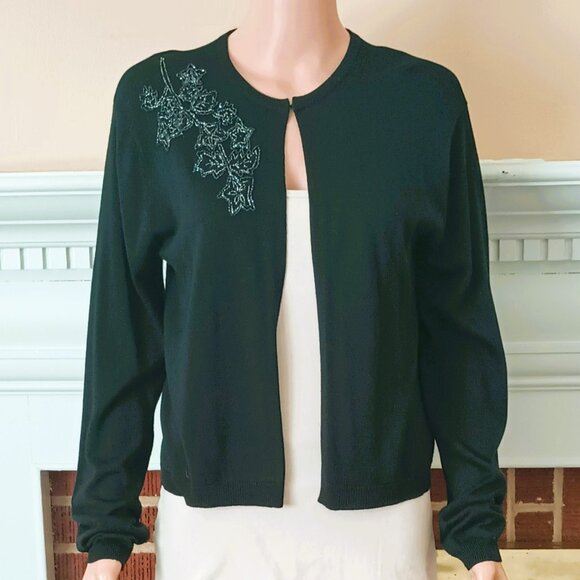 Liz Claiborne Black Silk Cardigan 12 Women's Open Front Long Sleeve Bead Flower - Picture 3 of 9